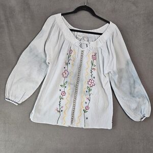 Vintage 90s CLC Womens Large Peasant Shirt Blue Tye Dye Floral Embroidery Boho